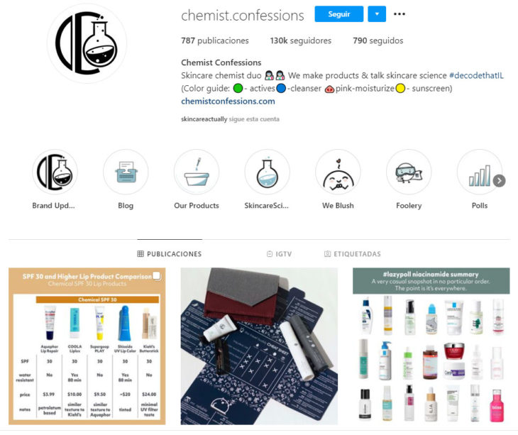 Screen shot del perfil de Instagram de la cuenta chemist.confessions