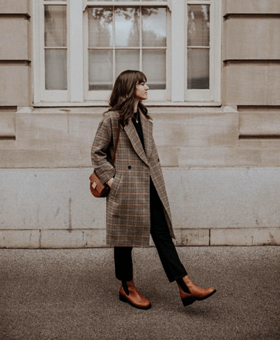 chica de cabello castaño con abrigo largo café, bolso de mano café, jeans negros y botines cafés de cuero