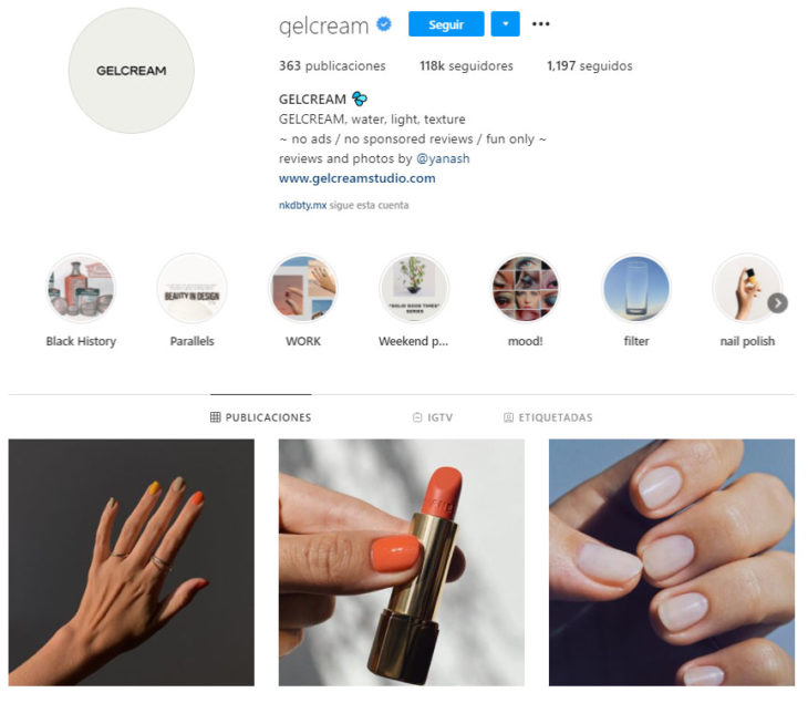 Screen shot del perfil de Instagram de la cuenta gelcream