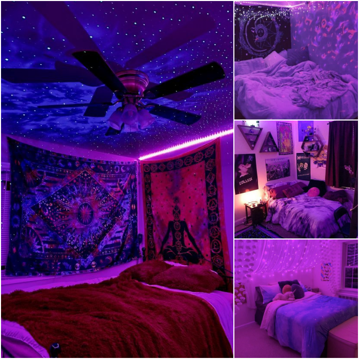 Zimmer mit LED- und Neonlichtern in lila und rosa Farben dekoriert