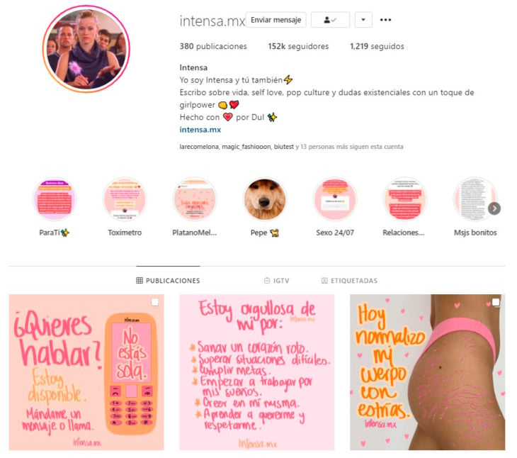 Screen shot del perfil de Instagram de la cuenta intensa.mx