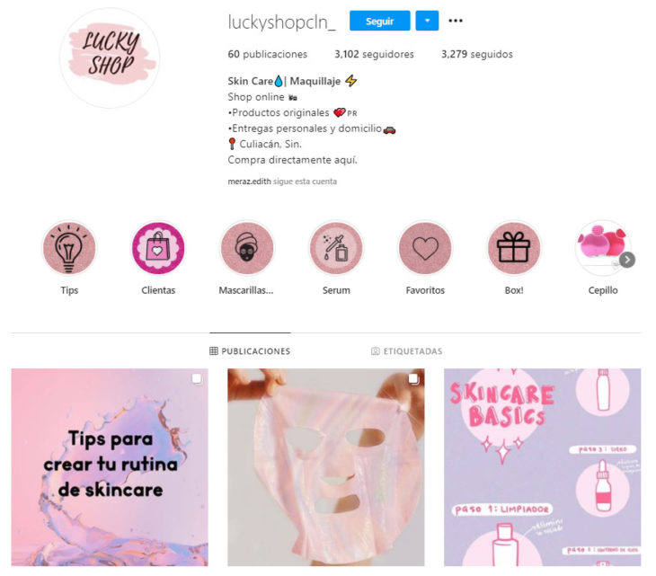 Screen shot del perfil de Instagram de la cuenta luckyshopcln_