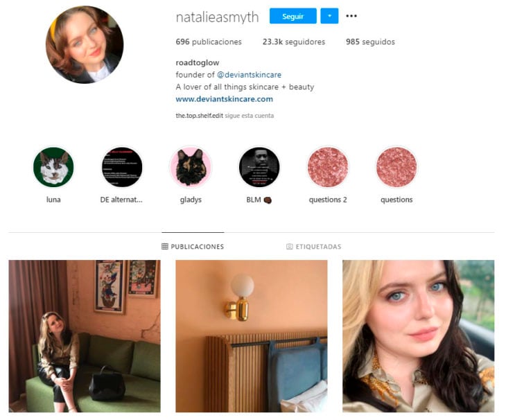 Screen shot del perfil de Instagram de la cuenta natalieasmyth