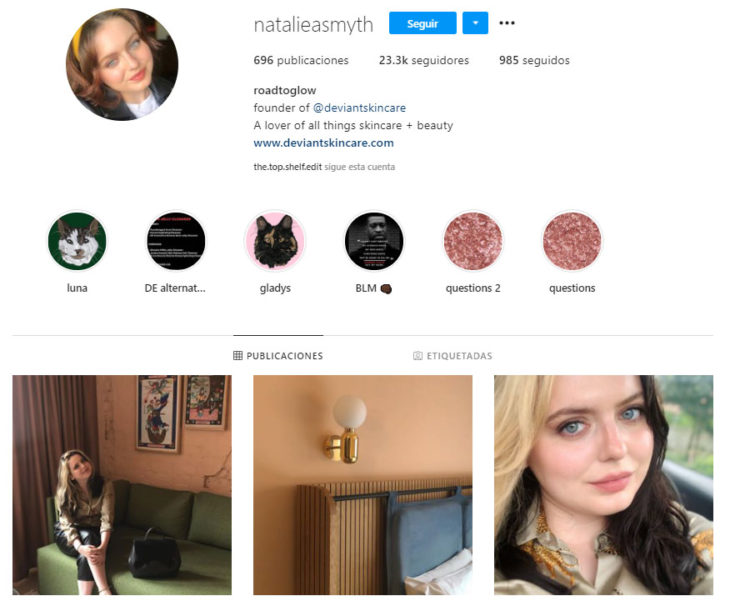 Screen shot del perfil de Instagram de la cuenta natalieasmyth