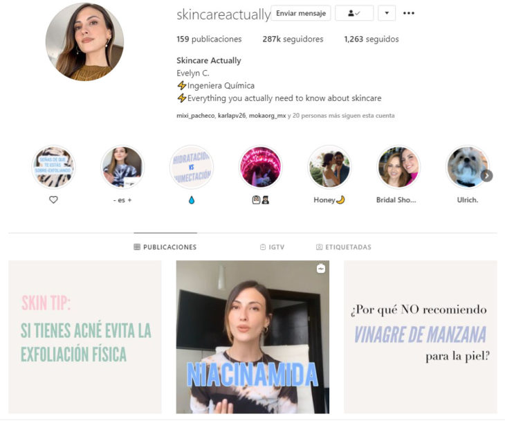 Screen shot del perfil de Instagram de la cuenta skincareactually