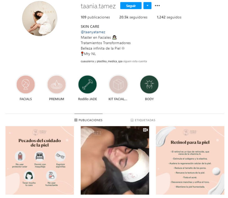 Screen shot del perfil de Instagram de la cuenta taania.tamez