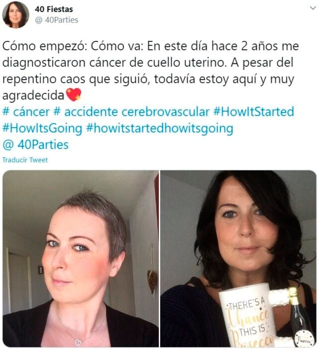 Screen Shot de Twitter de mujer haciendo el reto "Cómo empezó vs Cómo terminó" de su batalla del cáncer