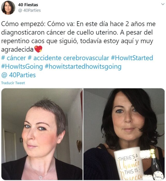 Screen Shot de Twitter de mujer haciendo el reto "Cómo empezó vs Cómo terminó" de su batalla del cáncer