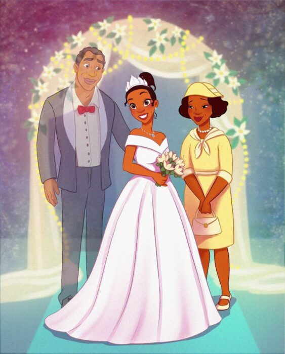 Tiana en el altar con sus papás