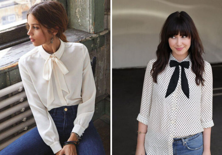 Lado izquierdo: Chica usando blusa con corbatín de color blanco y de manga larga con jeans. Lado derecho: Chica usando blusa con corbatín de manga tres cuartos de color blanco con lunares en color negro y jeans