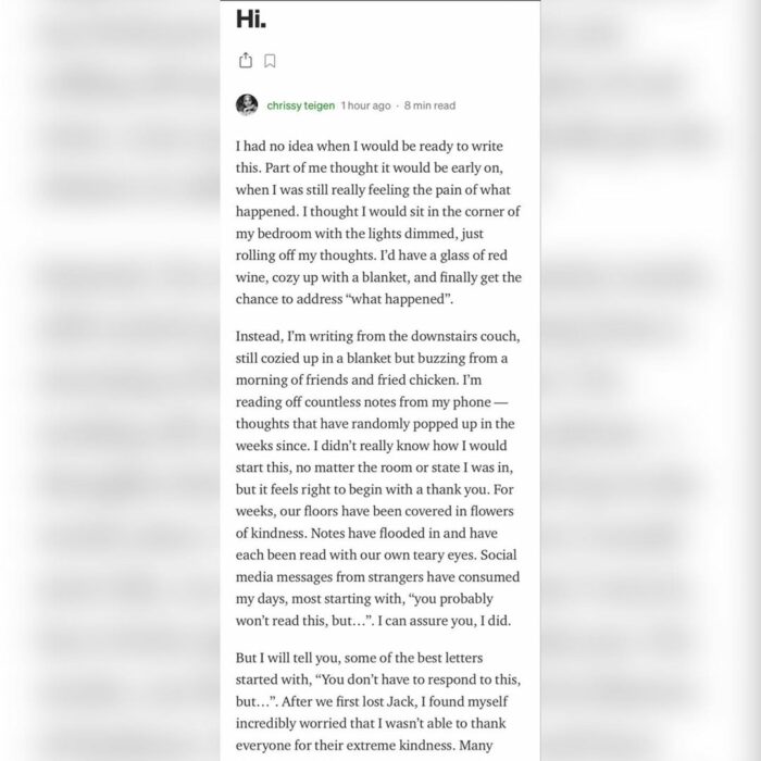 Carta que Chrissy Teigen escribió sobre el dolor de perder a su hijo