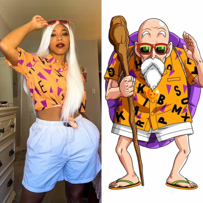 Chica disfrazada como el maestro Roshi de Dragon Ball