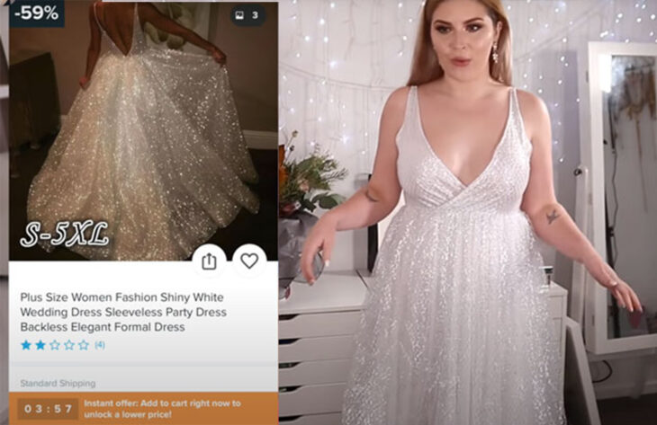 Chica usando un vestido lleno de brillos que compró en Wish por 30 dólares 