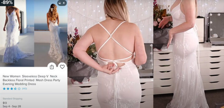 Chica usando un vestido de novia corte de sirena con espalda descubierta