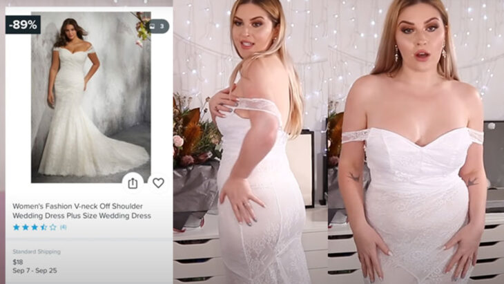 Chica usando un vestido de hombros descubiertos que compró en Wish