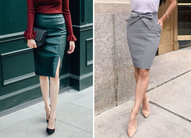 De izquierda a derecha: Falda lápiz de vinil abajo de la rodilla, con blisa color vino y tacones negros. Y falda color gris a la altura de la rodilla con detalle de moño y tacones color nude