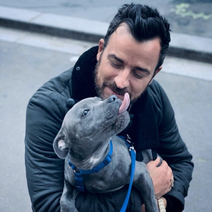 Prominente, die Haustiere, Hunde oder Katzen adoptiert haben;  Justin Theroux auf der Straße umarmt seinen grauen Pitbull-Hund Kuma