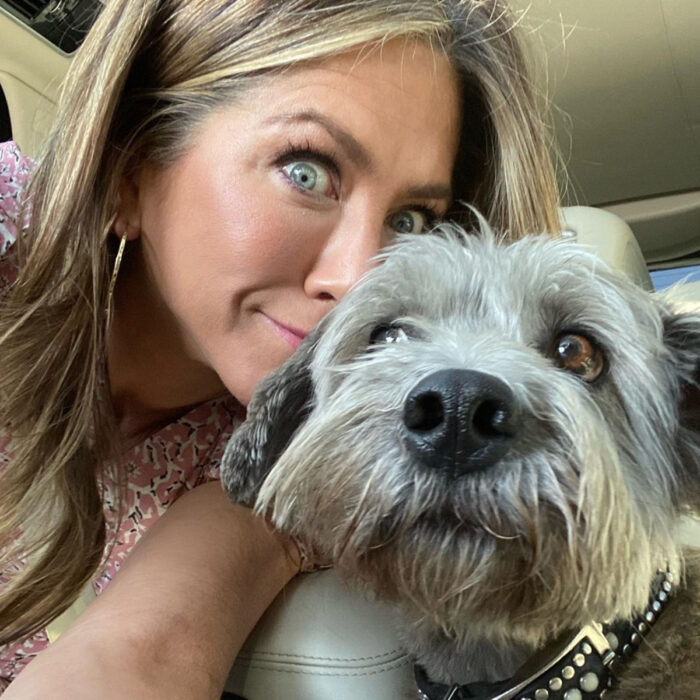 Famosos que han adoptado mascotas, perros o gatos; Jennifer Aniston con su perrito Shnauzer Clyde