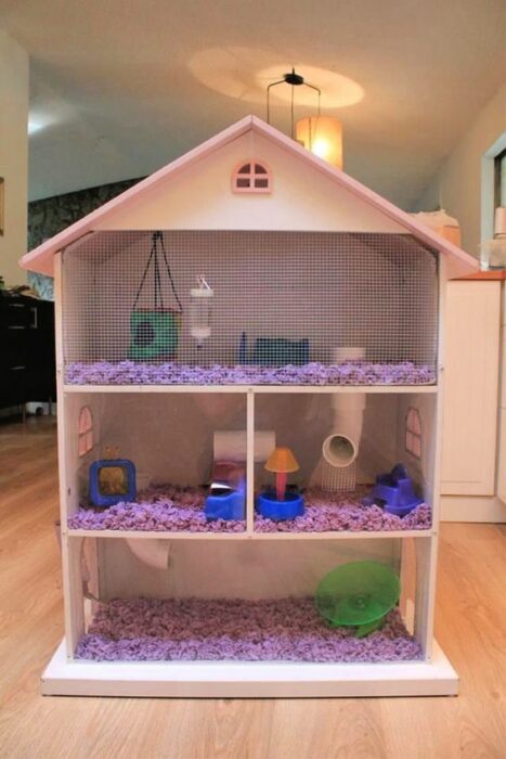 Casita para hámster heche en forma de casita de muñecas con reja blanca y acondicionada con aserrín, tobogán y juguetitos de colores