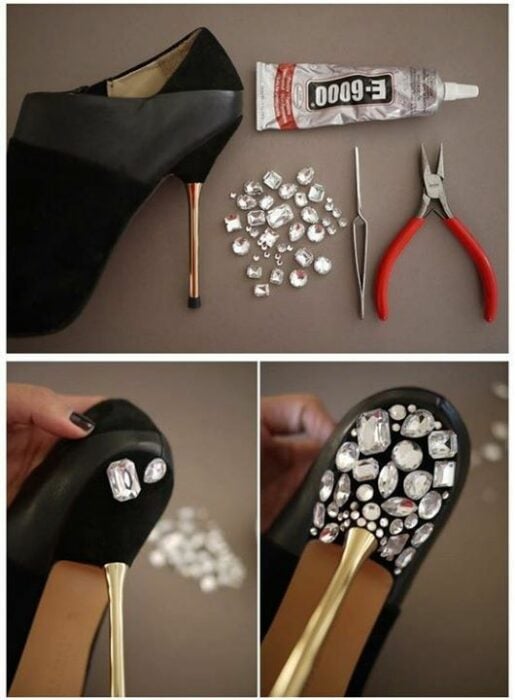 DIY zapatos negros de tacón de aguja con piedras brillantes pegadas con silicón frío en la parte de atrás