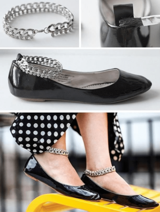 DIY zapatos de piso negros con una cadenita plateada amarrada al tobillo