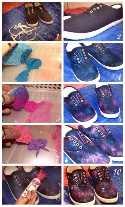 DIY tenis pintados estilo galaxia con pintura azul, rosa y morada y estrellas con pintura blanca