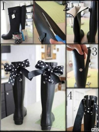 DIY para colocar listón negro con bolitas blancas a tus botas de lluvia negras