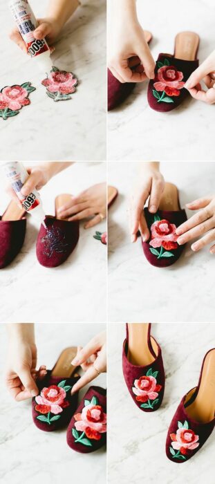 DIY zapatos de piso rojos con rosa pega con silicón frío