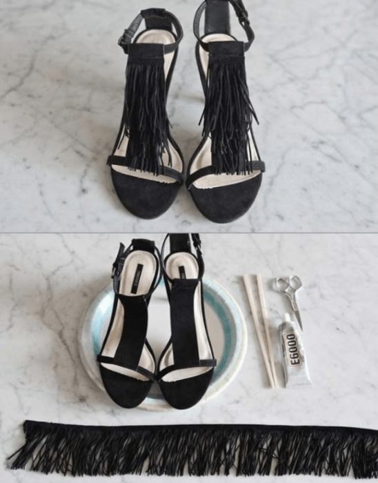 DIY Zapatos negros con tela cortadas en tiras colocada en la parte delantera con silicón frío