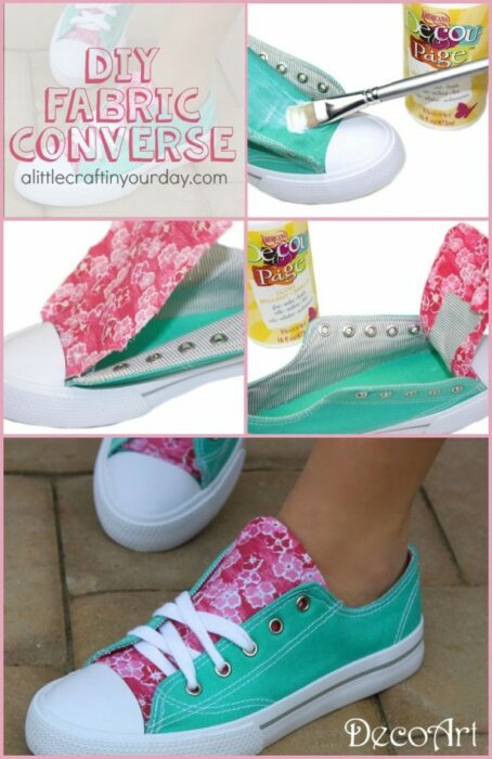 DIY converse azul aqua con un trozo de tela rosa con flores blancas