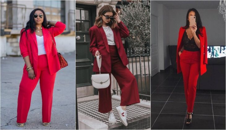 Chicas llevando trajes sastre en color rojo