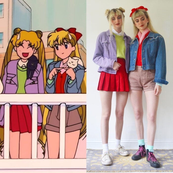 Zwillingsschwestern stellen Outfits zusammen, die von Zeichentrickfilmen und Cartoons mit Vintage-Kleidung inspiriert sind.  Disney, Sailor Moon und Venus, Serena Tsukino und Mina Aino