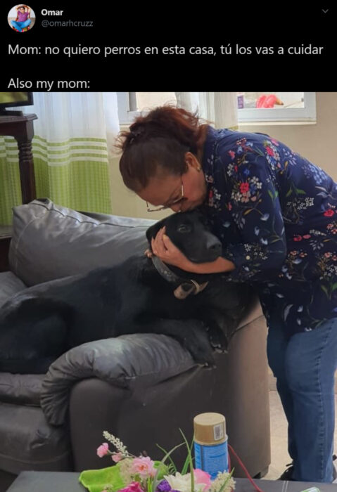 Memes de mamás latinas que no querían perros y terminaron amándolos; señora dándole un beso a su perrito labrador negro