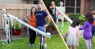 Pareja crea un tobogán para entregar dulces durante este Halloween