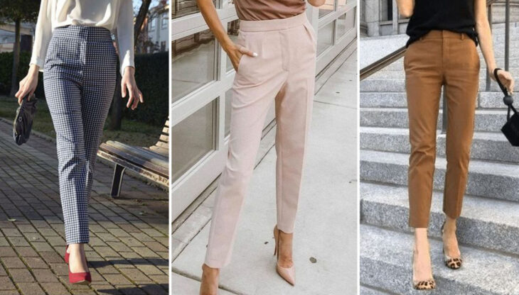 De izquierda a derecha: Pantalón de vestir a cuadros color azul con blanco, rosa bebé y caki