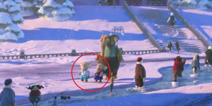 Escena de la película Zootopia mostrando a elefantes vestidos como Anna y Elsa