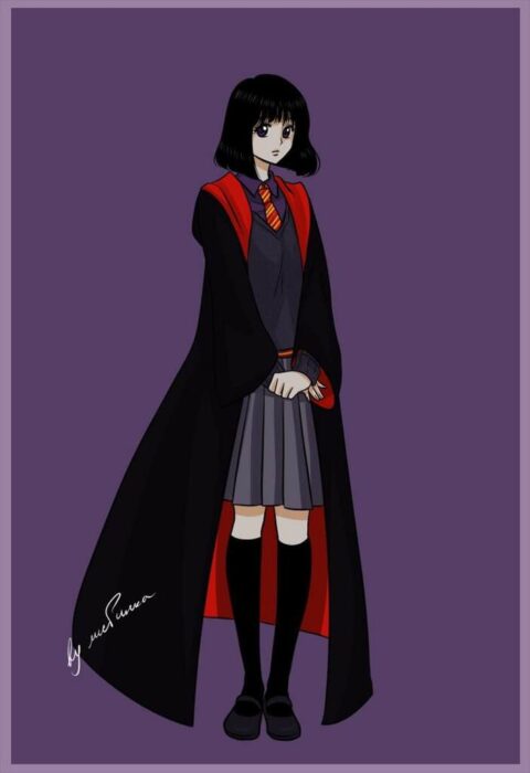 Sailor saturno con uniforme de Gryffindor de Hogwarts