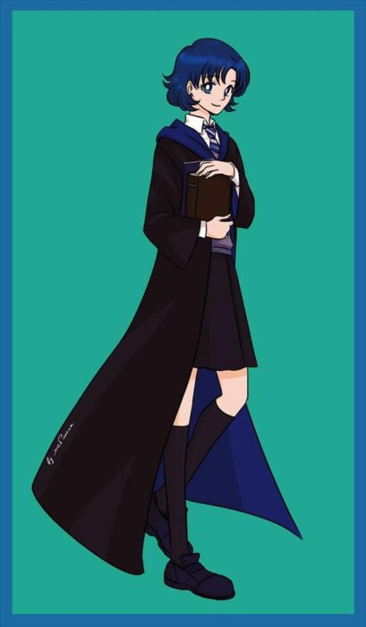 Amy de Sailor moon con uniforme de Ravenclaw de Hogwarts