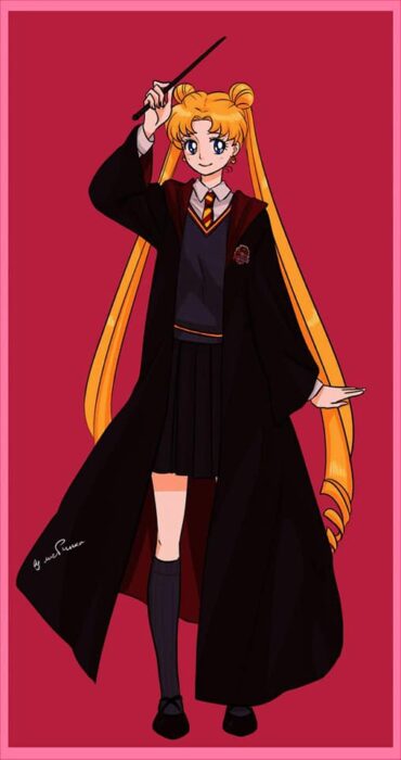 Serena de Sailor moon con uniforme de Hogwarts