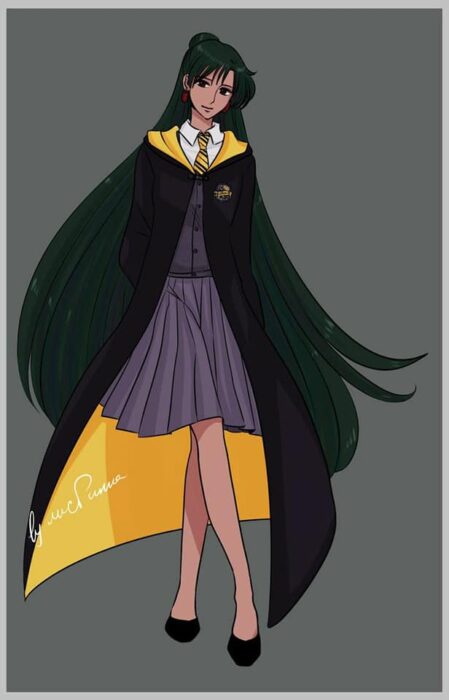 Setsuna de Sailor moon con uniforme de Hufflepuff de Hogwarts