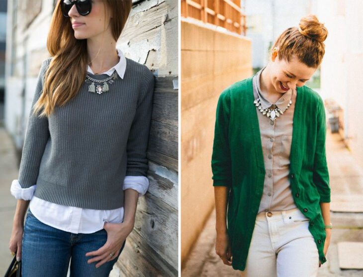 Lado izquierdo: Chica usando suéter gris cerrado con camisa blanca y jeans. Lado derecho: Chica usando suéter verde abierto con camisa color beige y jeans color blanco