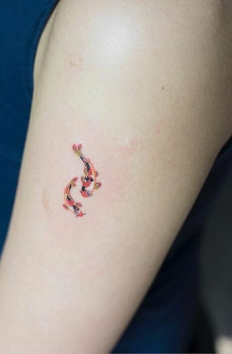 Tatuaje pequeño sobre el brazo de dos peces koi