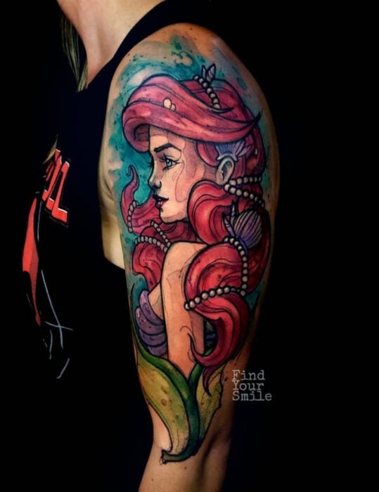 Diseños de tatuajes originales; Ariel, La sirenita, tatuaje de Disney en el brazo