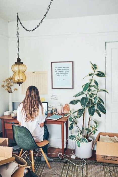 Chica trabajando en su espacio de trabajo en la que aparece una maceta con una planta alta