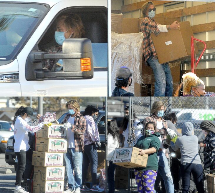 Brad Pitt manejando, cargando cajas y entregando comida a personas de bajos recursos