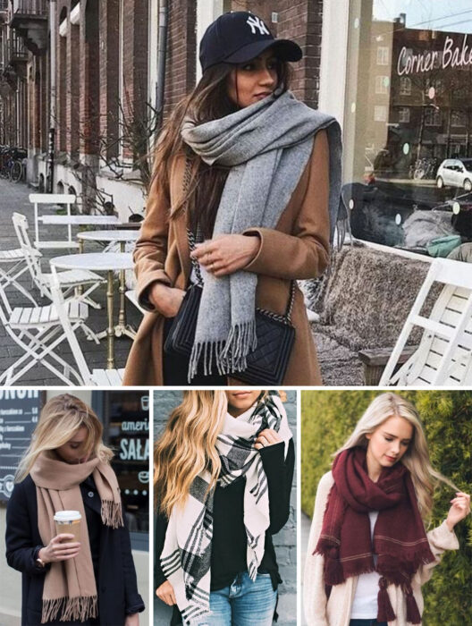 Collage de imágenes de chicas usando outfits donde resaltan las bufandas de invierno