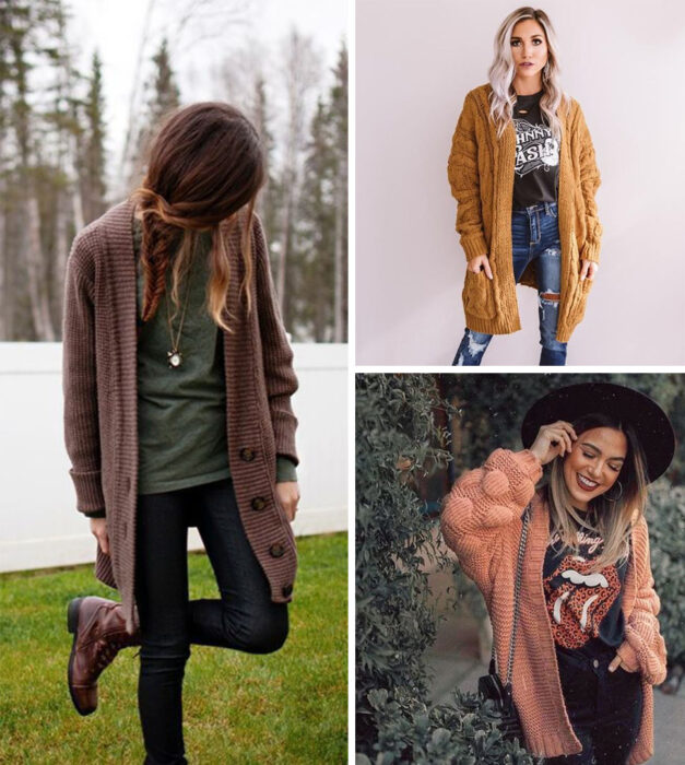 Collage de imágenes de chicas usando outfits donde resaltan los cardigans de diferentes alrgos