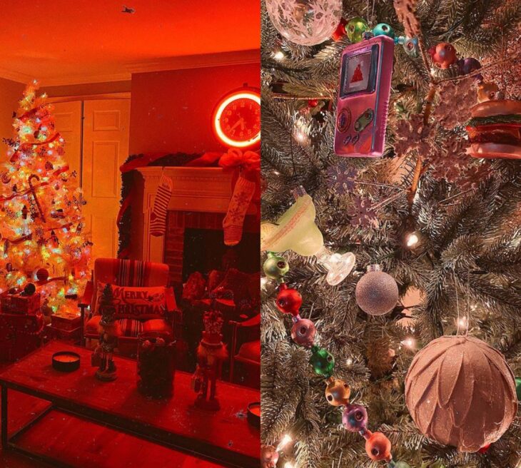 Decoración navideña en la casa de Gigi Hadid con luces rojas tenues