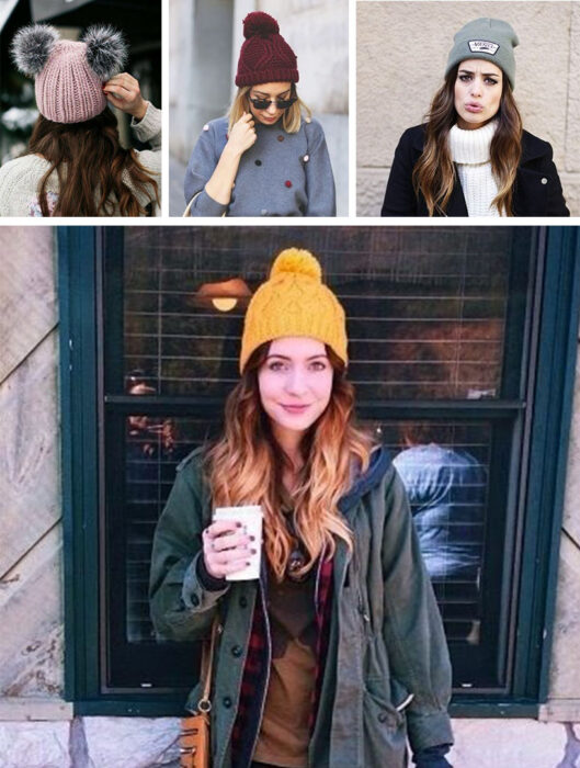 Collage de imágenes de chicas usando outfits donde resaltan los gorritos de invierno