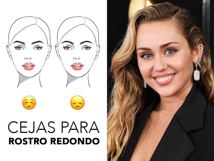 Miley Cyrus sonriendo y mostrando sus cejas en rostro redondo; Guía rápida para resaltar tus cejas según la forma de tu rostro